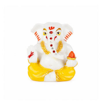 The Writershub Lord Ganesha Car Dashboard Mini Polyresin Idol - White with Yellow Gold