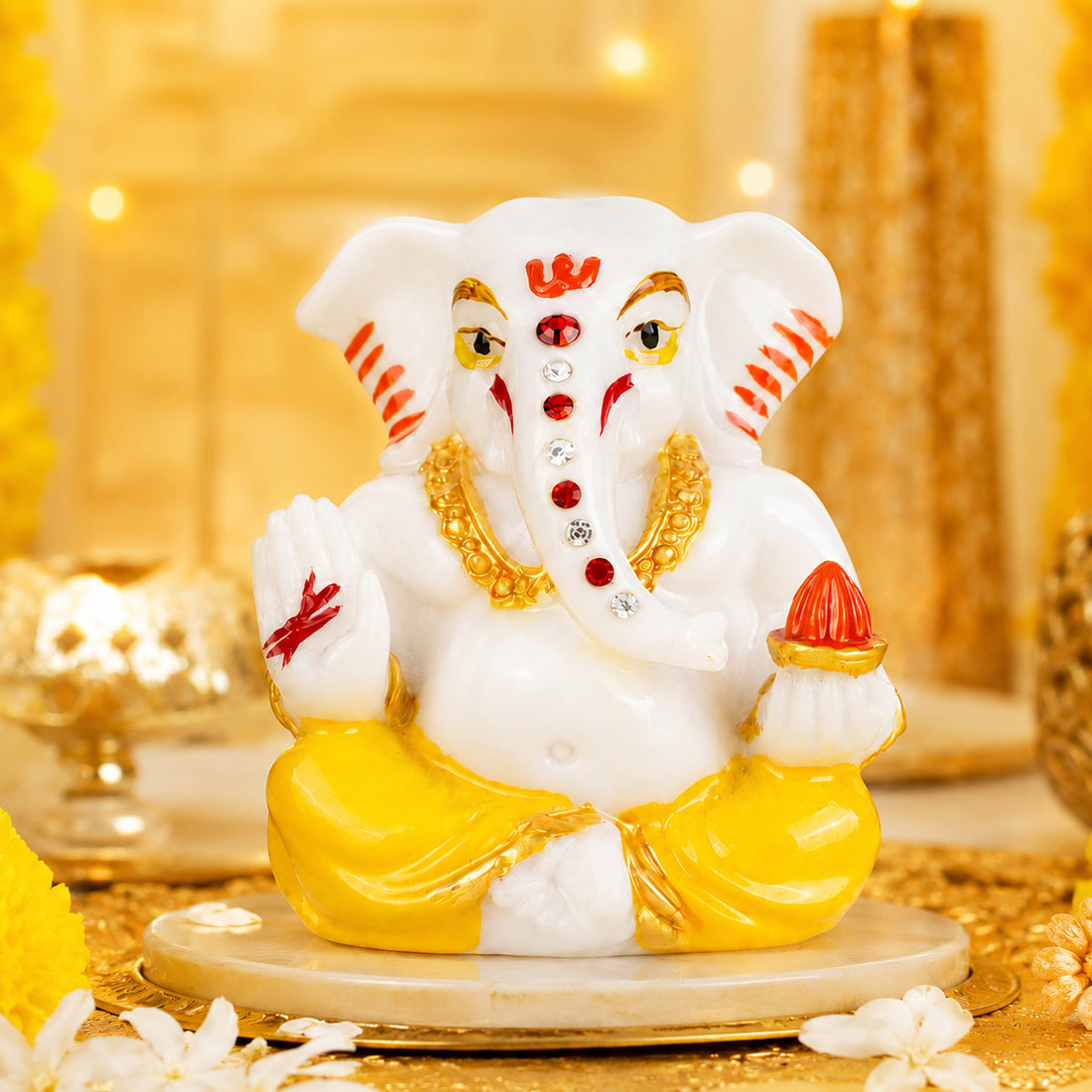 The Writershub Lord Ganesha Car Dashboard Mini Polyresin Idol - White with Yellow Gold