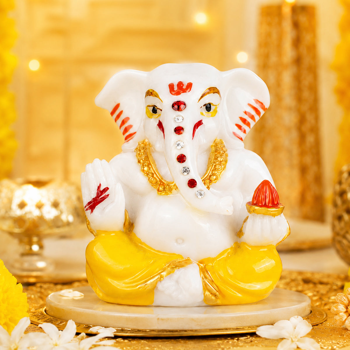 The Writershub Lord Ganesha Car Dashboard Mini Polyresin Idol - White with Yellow Gold