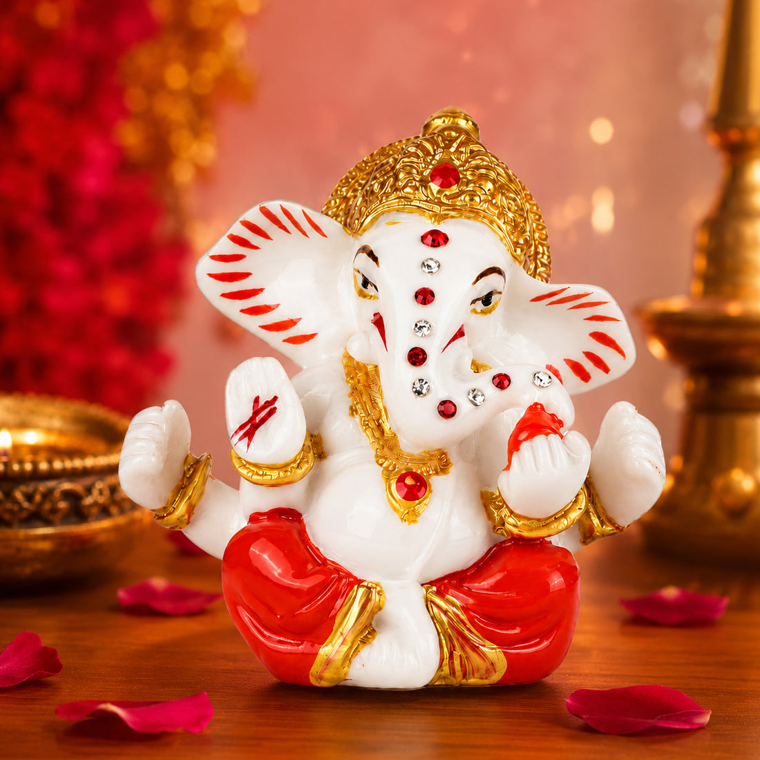 The Writershub Medium Lord Ganesha Car Dashboard Polyresin Idol - White Gold Red