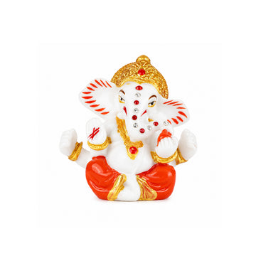 The Writershub Mini Lord Ganesha Car Dashboard Polyresin Idol - White Gold Red