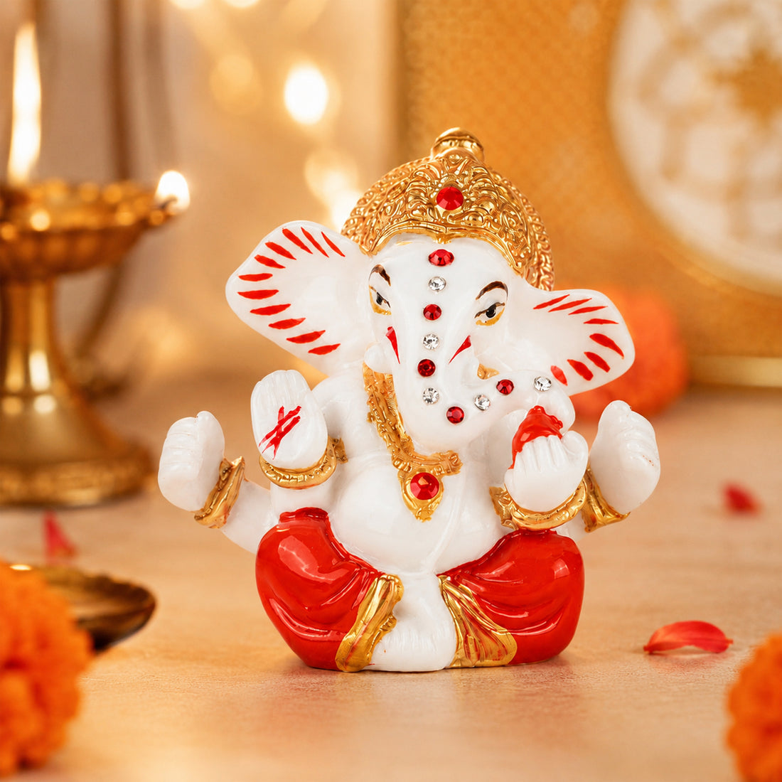 The Writershub Mini Lord Ganesha Car Dashboard Polyresin Idol - White Gold Red