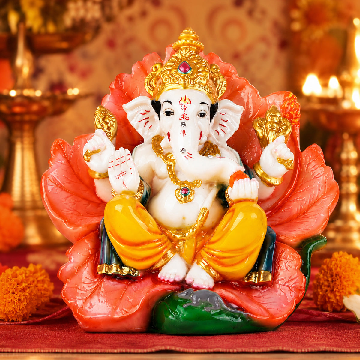 The Writershub Ganesh Idol on Lotus Statue for Home Decor & Pooja – 19cm Resin Ganesha Murti