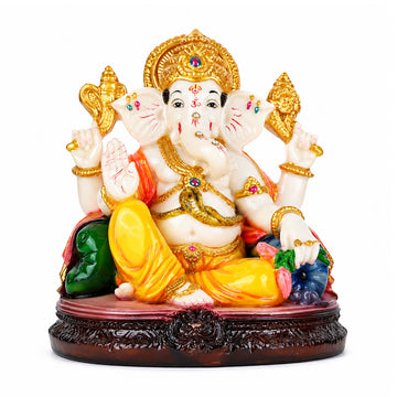 The Writershub White and Yellow Ganesha Idol on Marble Base for Home Temple – 16.7cm Resin Ganpati Murti