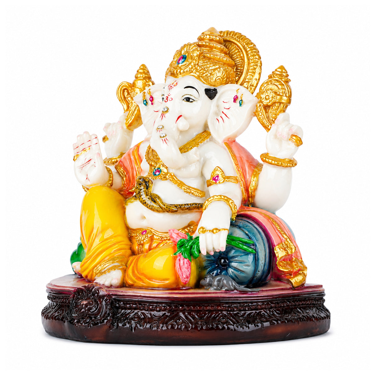 The Writershub White and Yellow Ganesha Idol on Marble Base for Home Temple – 16.7cm Resin Ganpati Murti