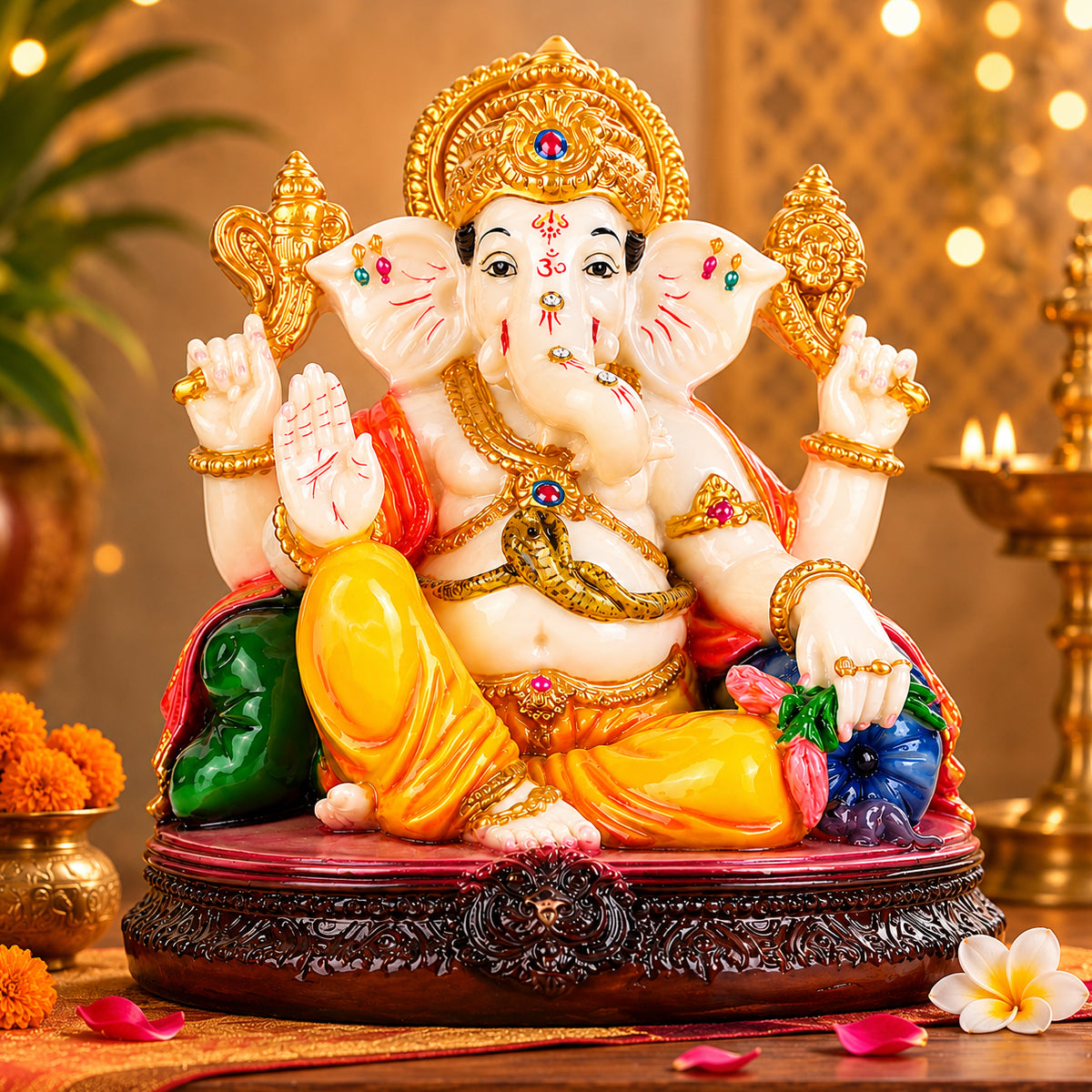 The Writershub White and Yellow Ganesha Idol on Marble Base for Home Temple – 16.7cm Resin Ganpati Murti