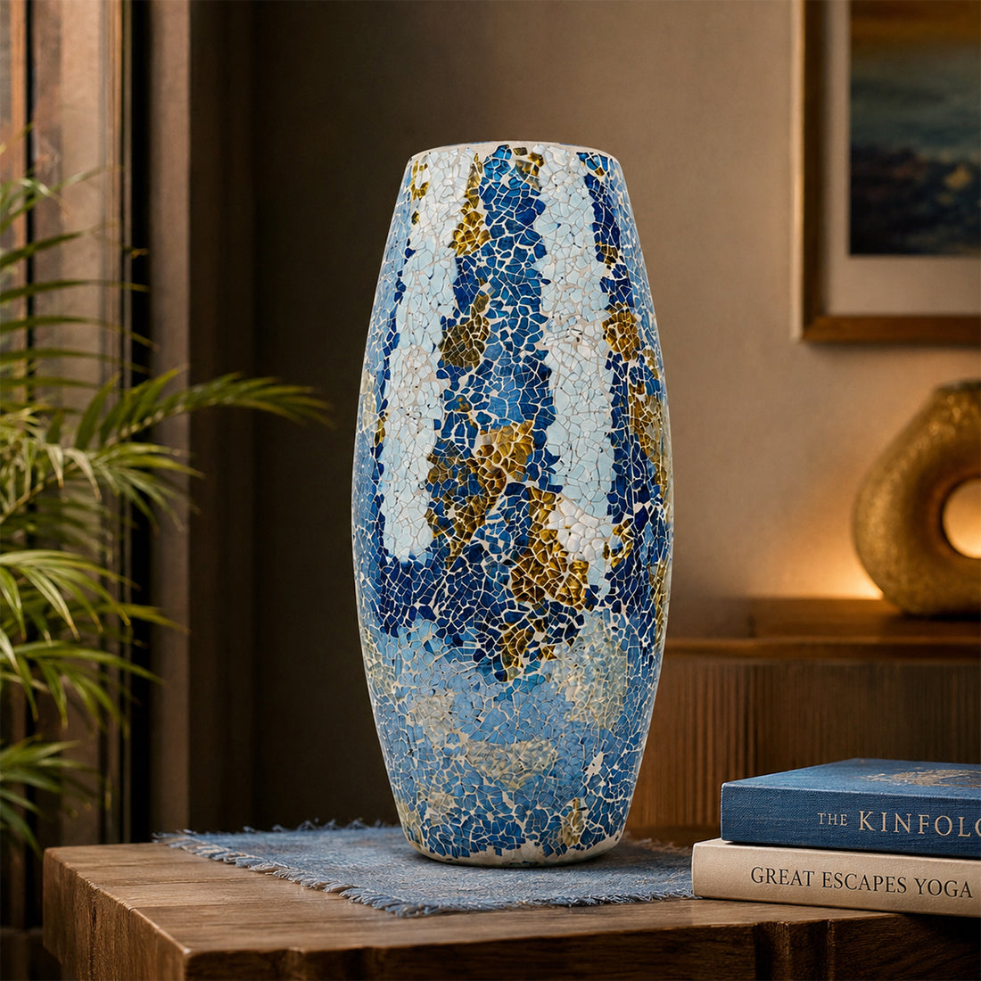 Blue and Gold Glass Oval Mosaic Vase - Elegant Decor Accent