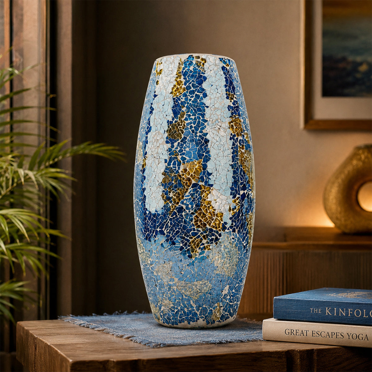 Blue and Gold Glass Oval Mosaic Vase - Elegant Decor Accent