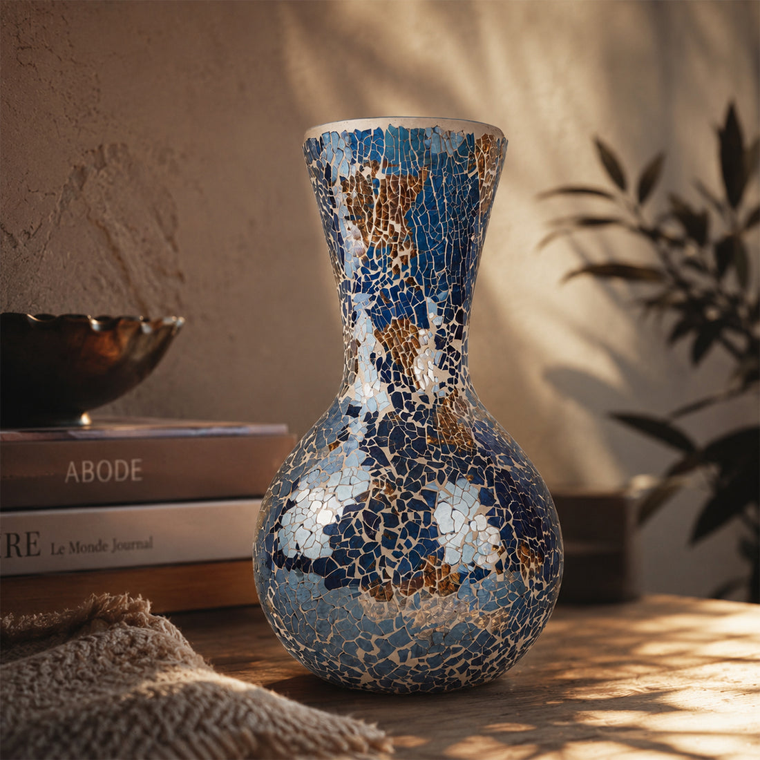 Handcrafted Blue & Gold Mosaic Glass Flower Vase - The Writershub