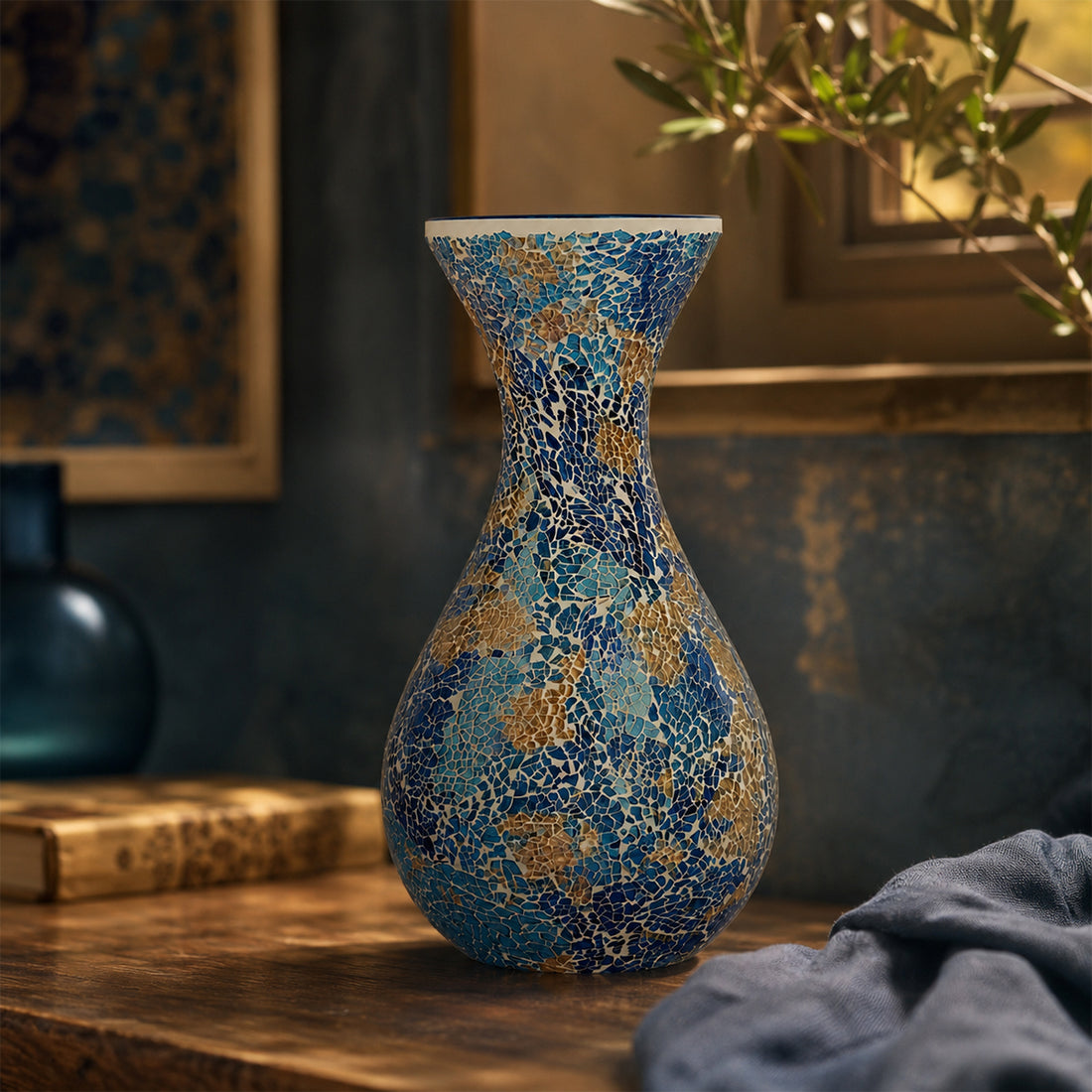 Decorative Blue and Gold Mosaic Capsule Vase - Luxury Showpiece