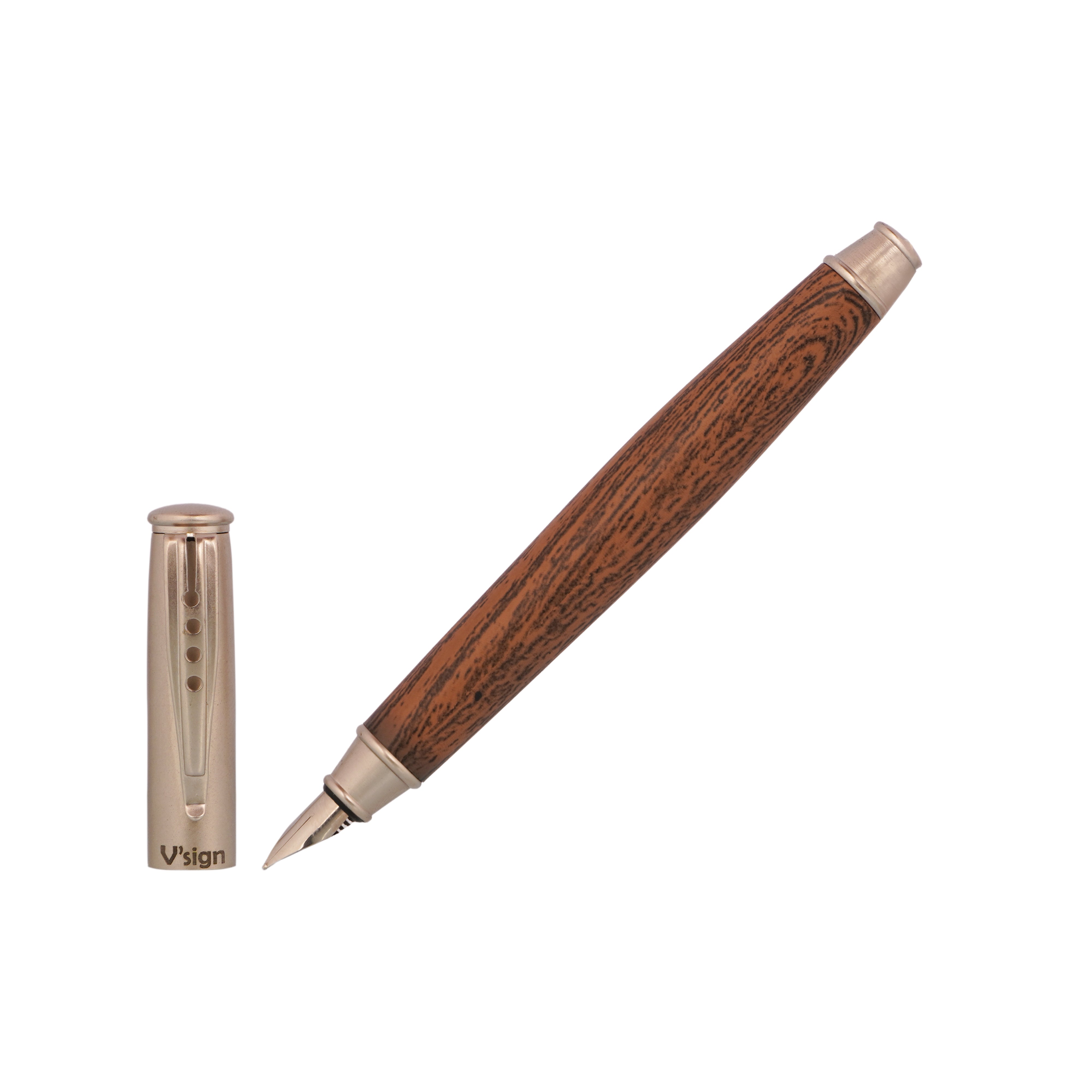 V Sign Beena Fiorella Brown Wooden Pattern Fountain Pen