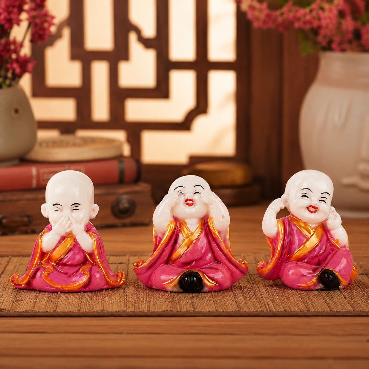 Hear No Evil, See No Evil, Speak No Evil Three Wise Monk Showpiece Set – Pink