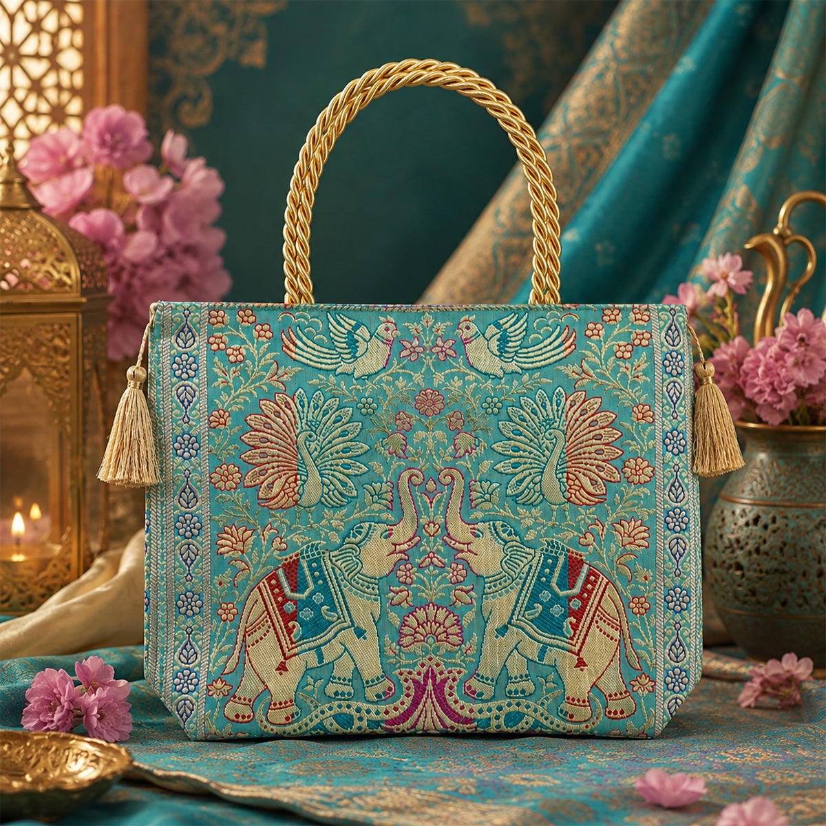 Banarasi Silk Fabric Handbag – Medium Zari Brocade Ethnic Party Bag by The Writershub