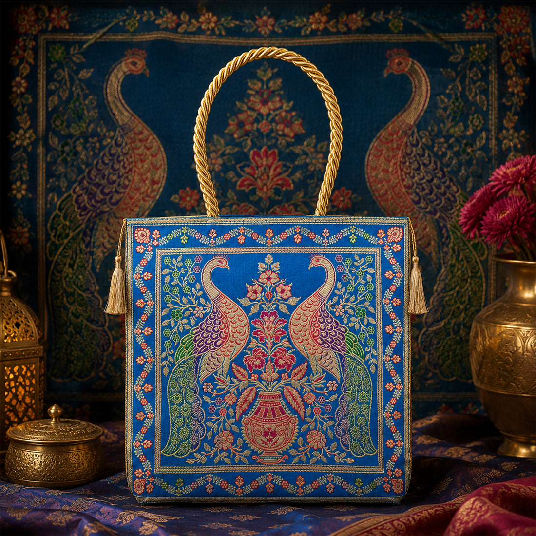 Banarasi Silk Fabric Handbag – Large Zari Brocade Ethnic Party Bag by The Writershub