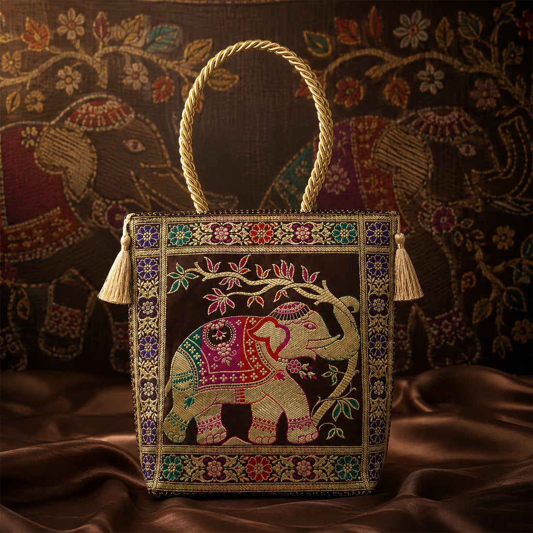 Banarasi Silk Fabric Handbag – Small Zari Brocade Ethnic Party Bag by The Writershub