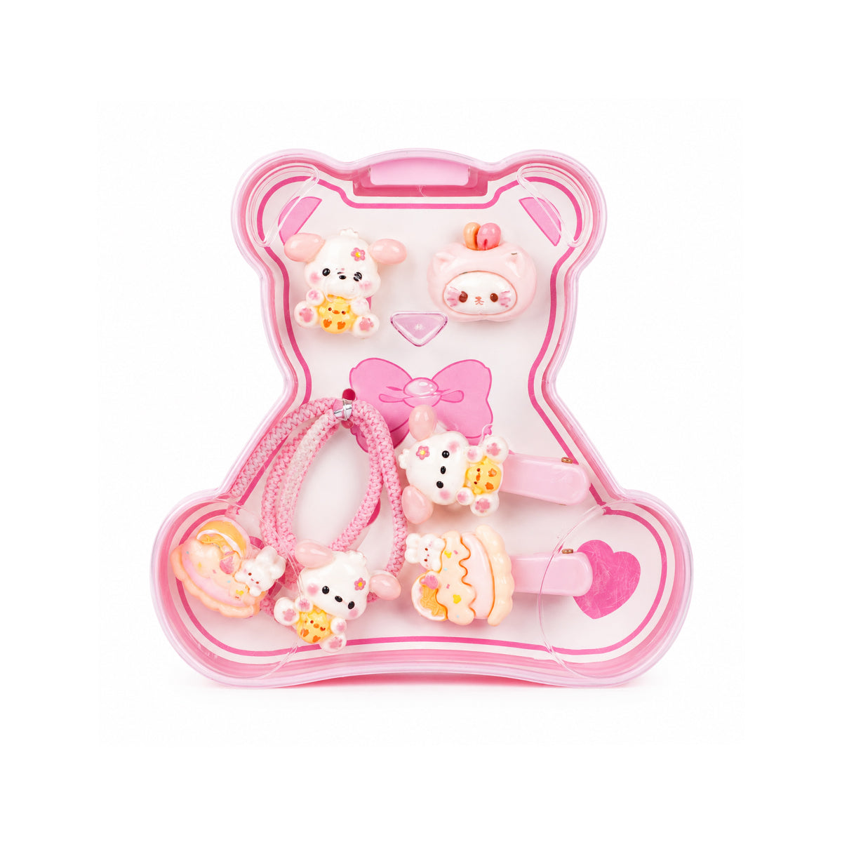 Cartoon Theme Kids Accessories Set – Pink Bear Case with Clips & Ties