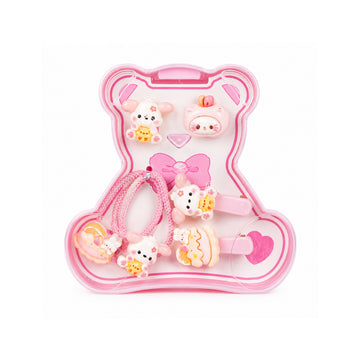 Cartoon Theme Kids Accessories Set – Pink Bear Case with Clips & Ties