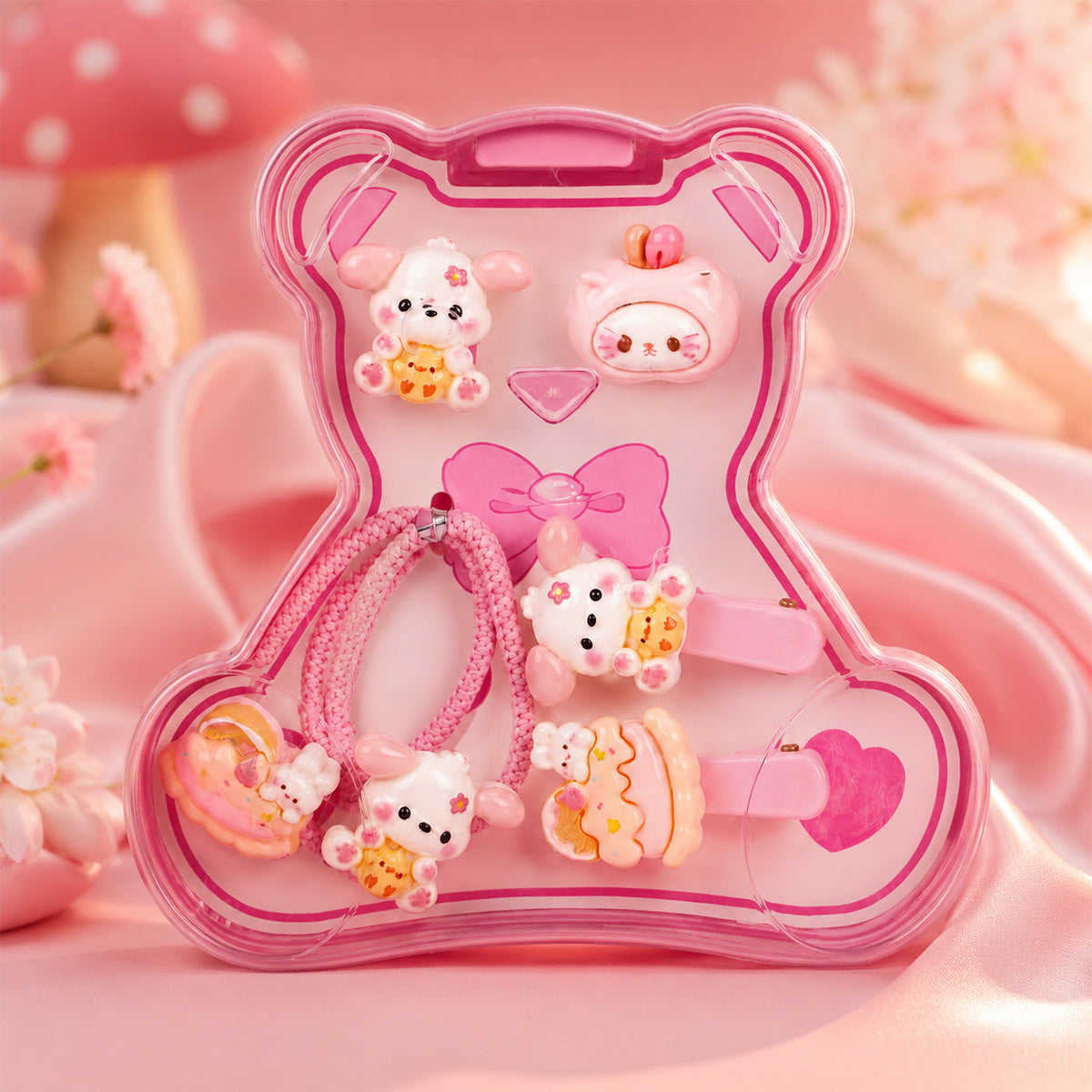 Cartoon Theme Kids Accessories Set – Pink Bear Case with Clips & Ties