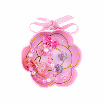 Floral Theme Kids Accessories Set – Pink Flower Case with Bracelet & Clips