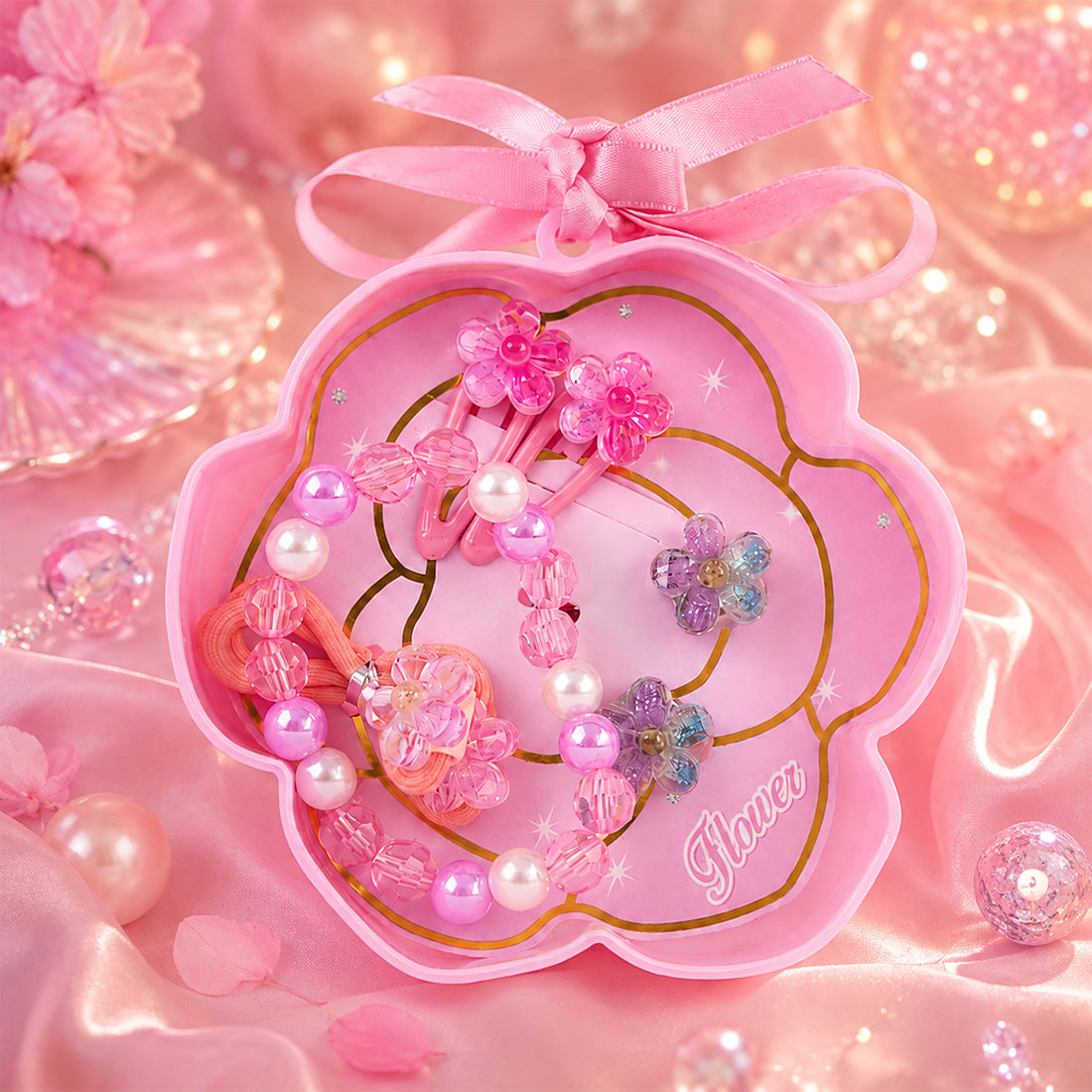 Floral Theme Kids Accessories Set – Pink Flower Case with Bracelet & Clips