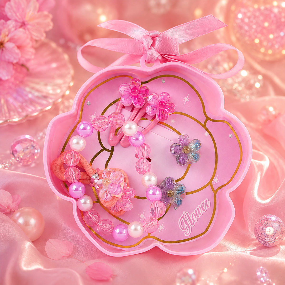 Floral Theme Kids Accessories Set – Pink Flower Case with Bracelet & Clips