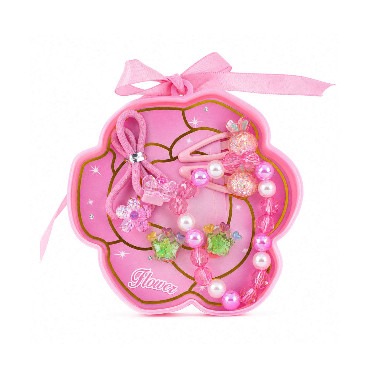 Floral Theme Kids Accessories Set – Pink Flower Case with Bracelet & Clips