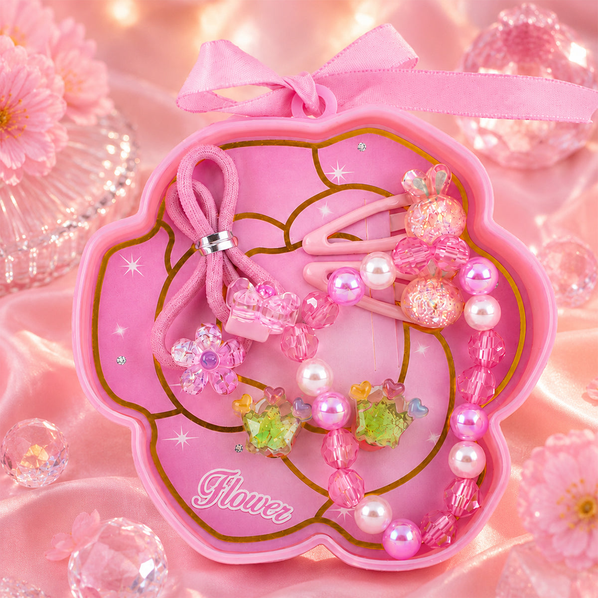 Floral Theme Kids Accessories Set – Pink Flower Case with Bracelet & Clips