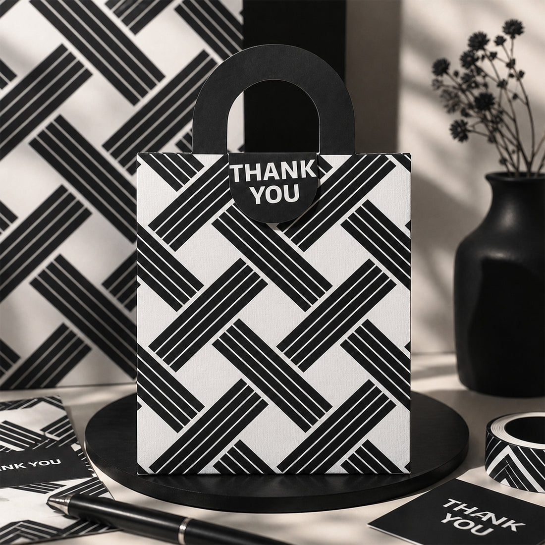 Premium Black & White Geometric “Thank You” Gift Bag with Handle – Set of 2