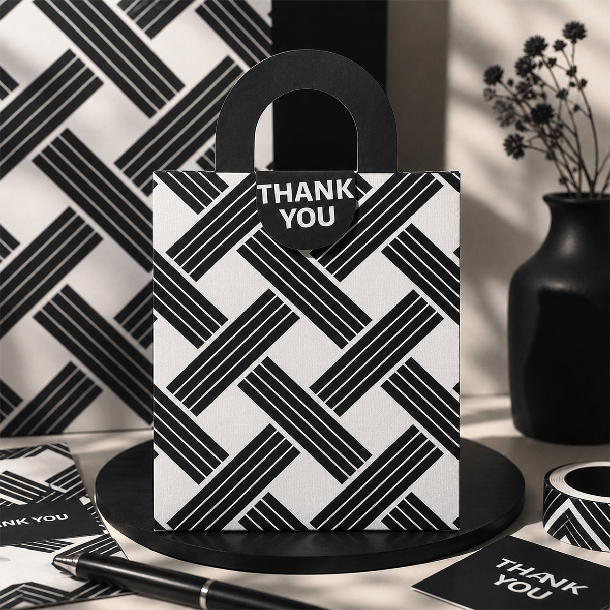 Premium Black & White Geometric “Thank You” Gift Bag with Handle – Set of 2