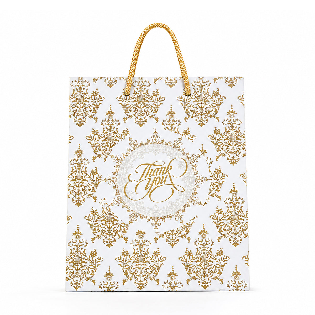 Gold Damask Thank You Gift Bag with Rope Handles – Premium Paper Gift Bag Set of 2