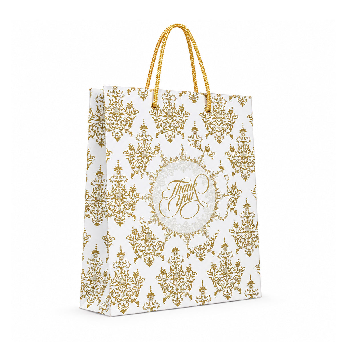 Gold Damask Thank You Gift Bag with Rope Handles – Premium Paper Gift Bag Set of 2