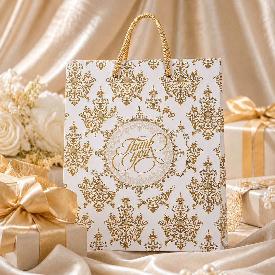 Gold Damask Thank You Gift Bag with Rope Handles – Premium Paper Gift Bag Set of 2