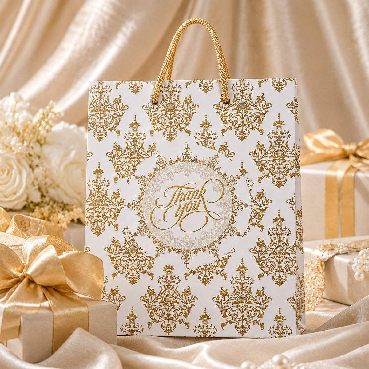 Gold Damask Thank You Gift Bag with Rope Handles – Premium Paper Gift Bag Set of 2