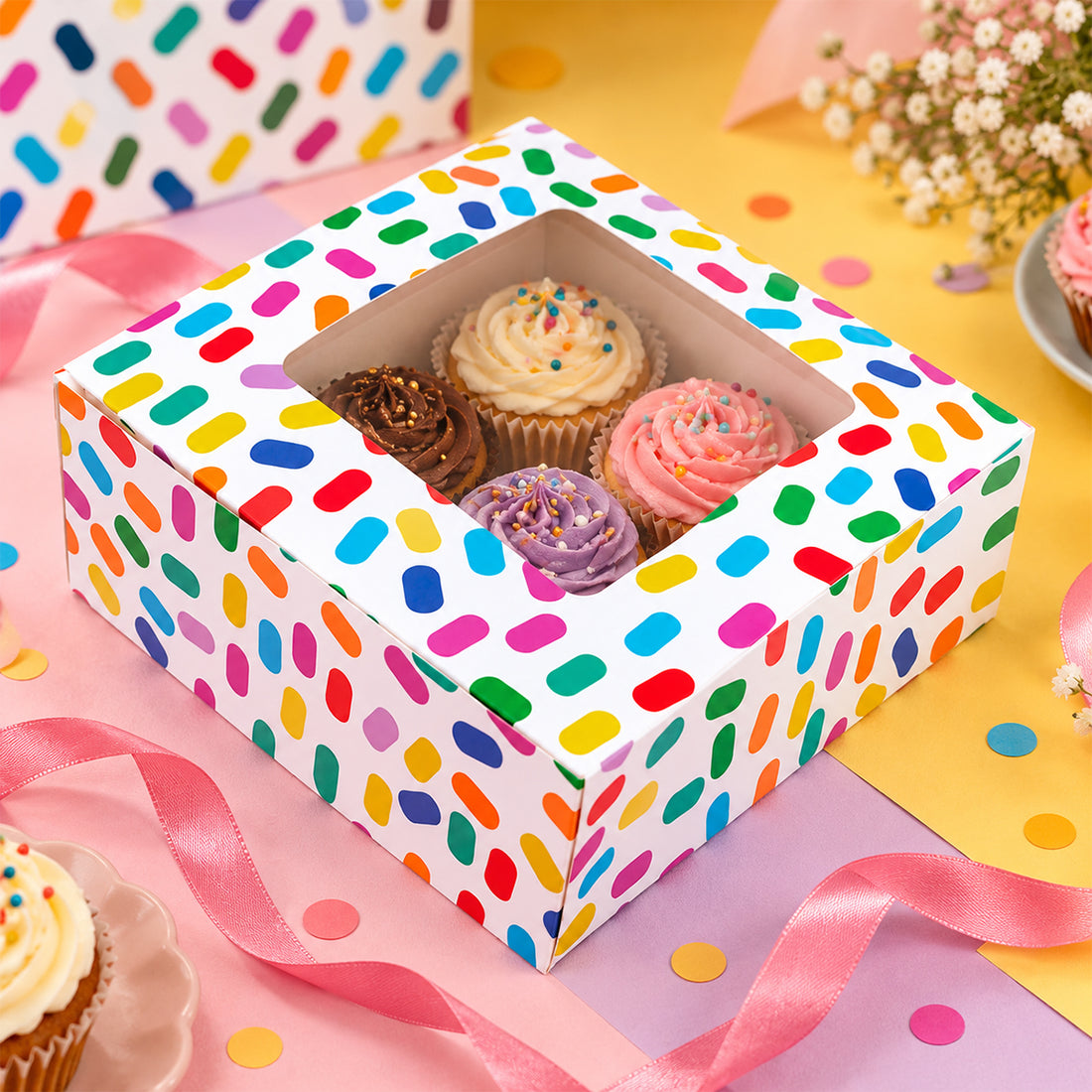 The Writershub Colourful Sprinkle Pattern Gift Box with White Ribbon – Festive Packaging