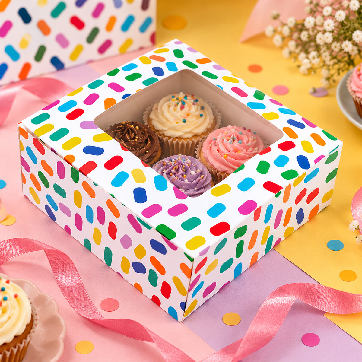 The Writershub Colourful Sprinkle Pattern Gift Box with White Ribbon – Festive Packaging