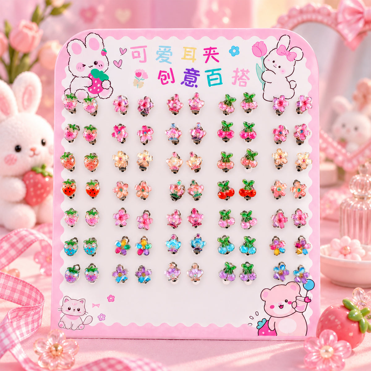 Kids Clip-On Earrings Set – Cute Resin Flower, Fruit & Queen Crown (5 Pairs) by The Writershub