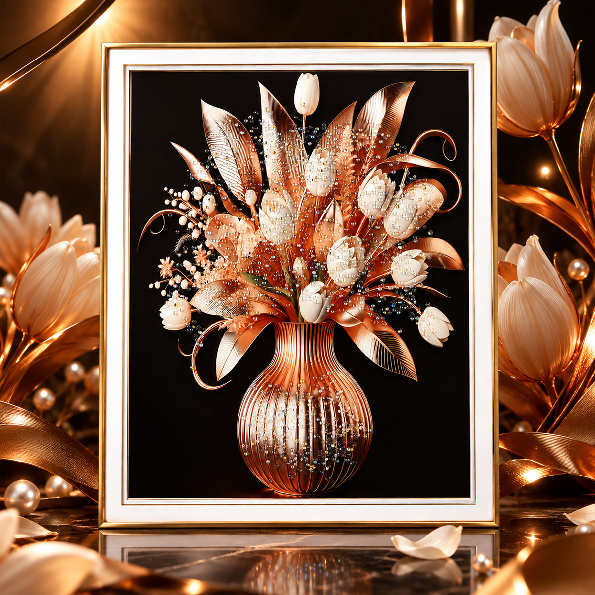 Premium Floral Crystal Art Frame – Decorative Flower Vase Wall Art