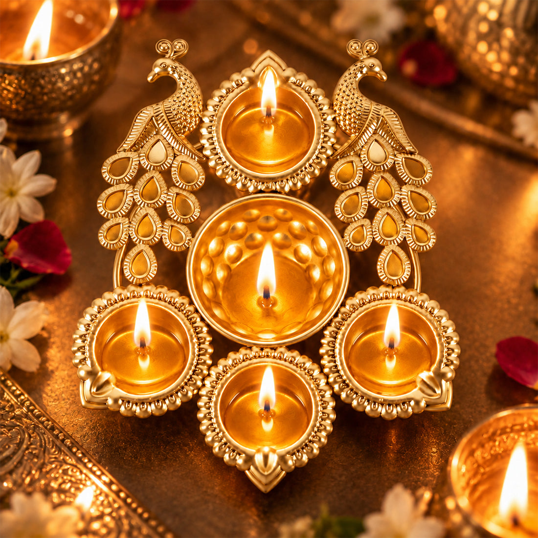 Decorative Golden Tealight Holder Set with 6 Holders & Centre Bowl