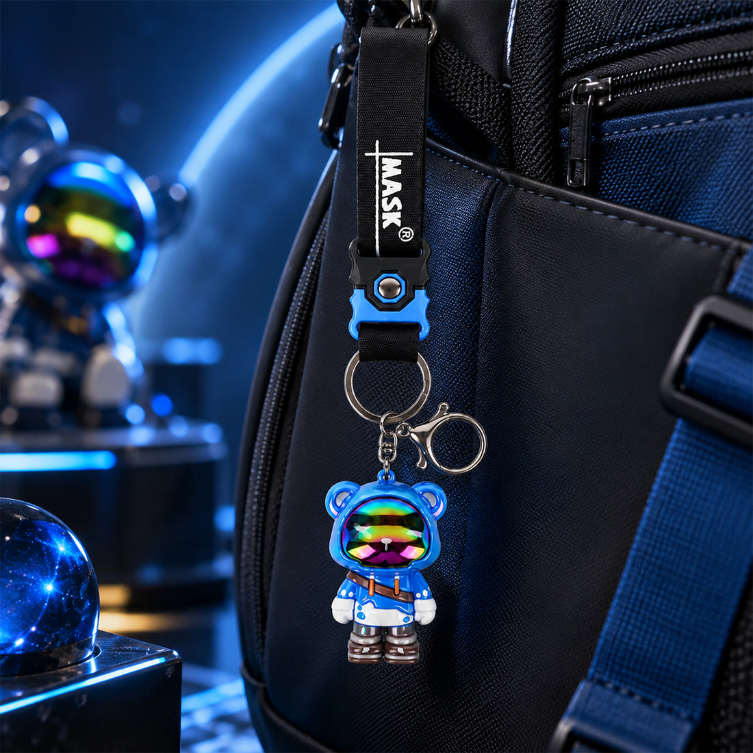 Astronaut Bear Keychain with Iridescent Rainbow Visor