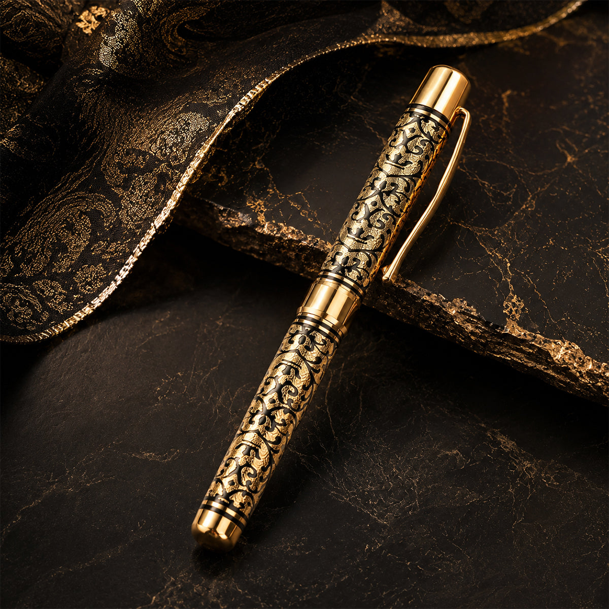 The Writershub Golden Finish Floral Pattern Ball Pen – Cap Type, Blue Ink