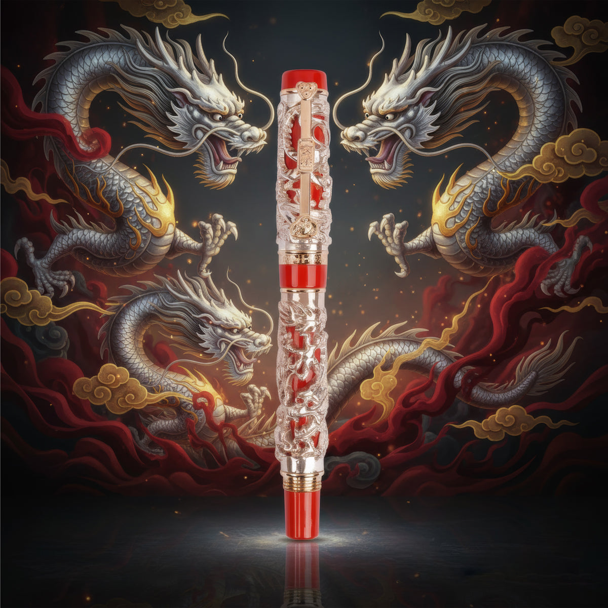 Jinhao 999 Red & Silver Dragon Embossed Fountain Pen – Fine Nib, Metal Body