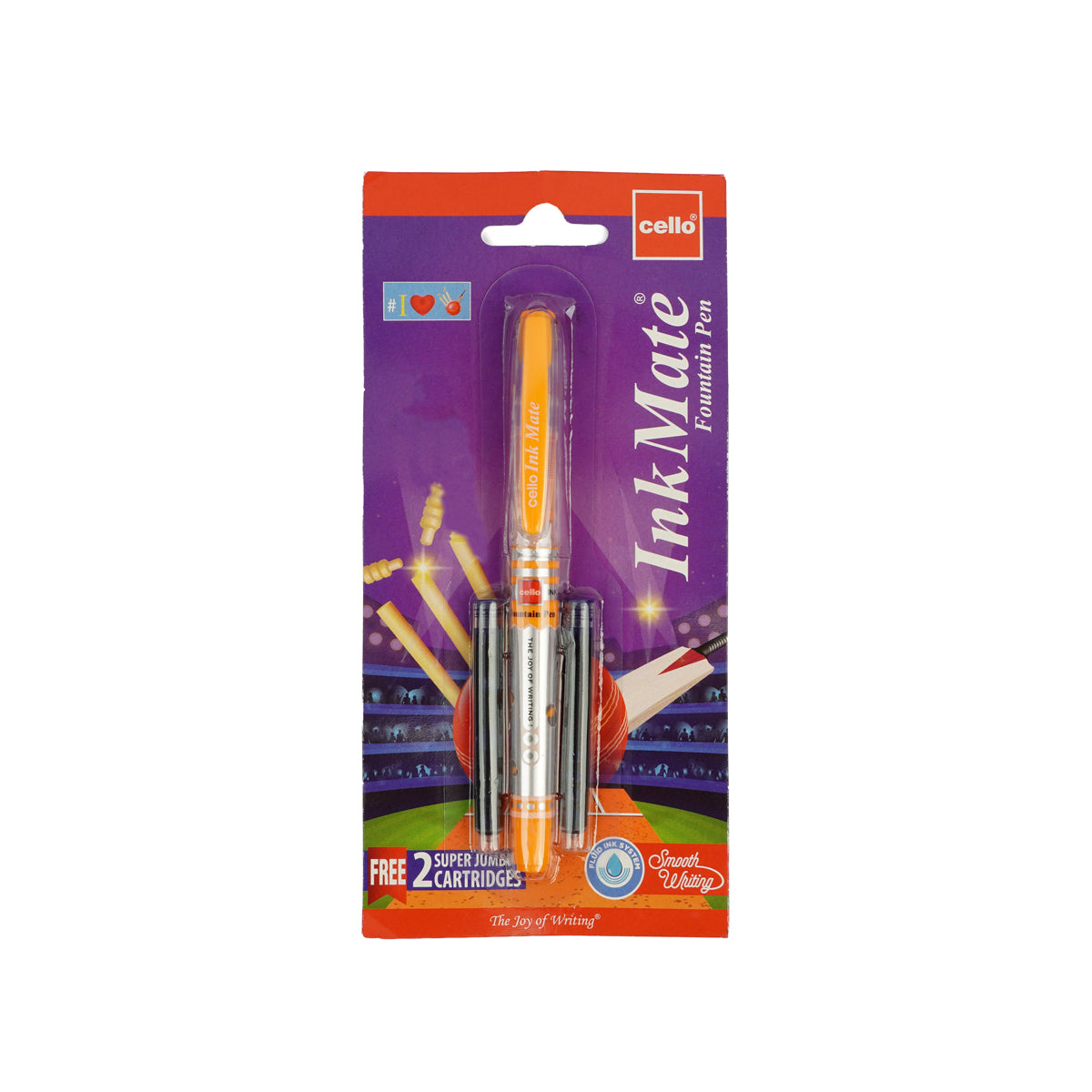 Cello Ink Matte Silver & Orange Fountain Pen with 2 Super Jumbo Cartridges