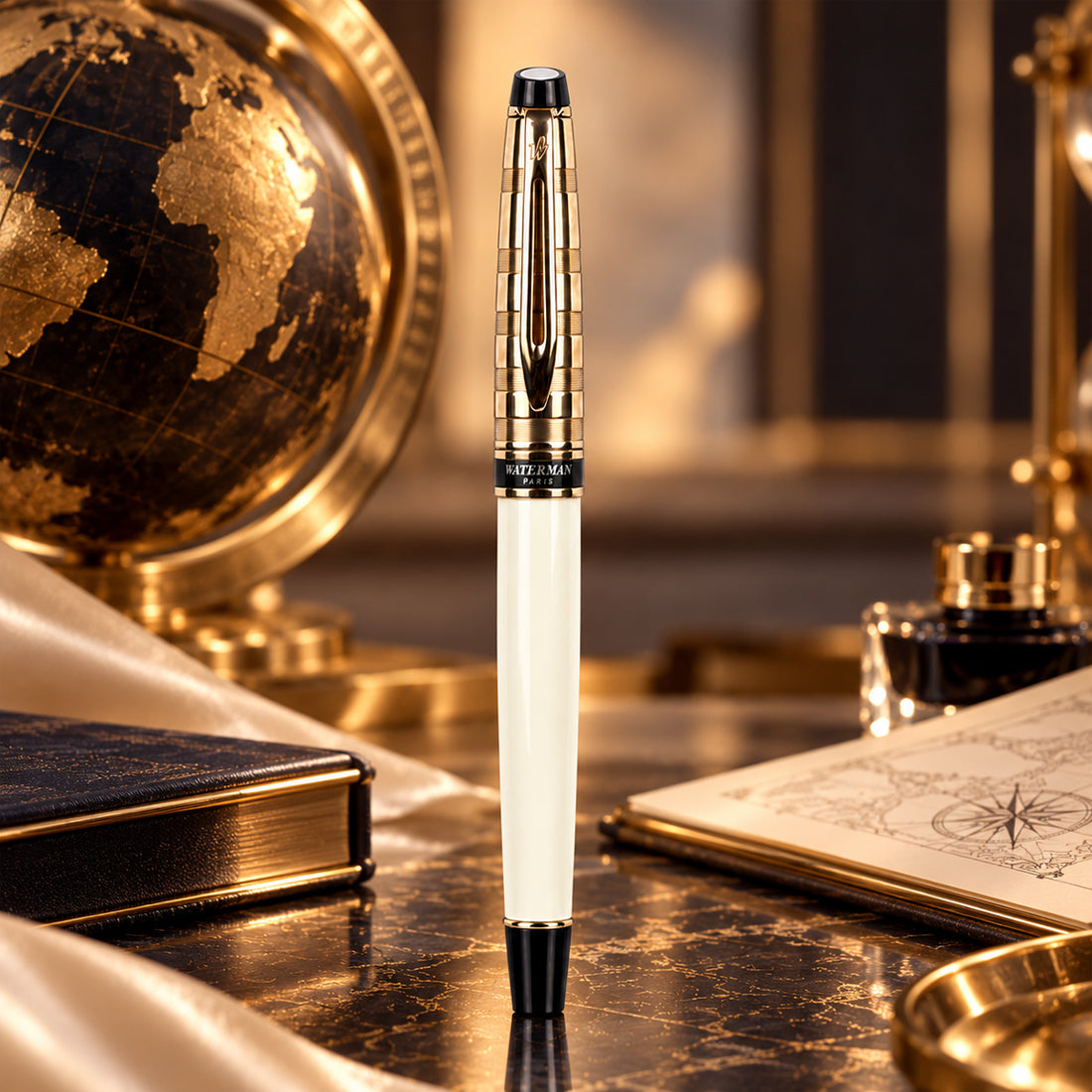 Waterman Paris White Body Fountain Pen Silver Cap Medium Nib