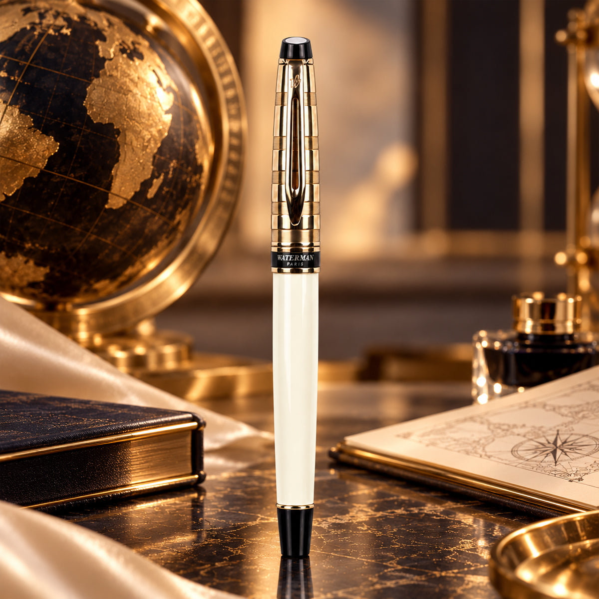 Waterman Paris White Body Fountain Pen Silver Cap Medium Nib