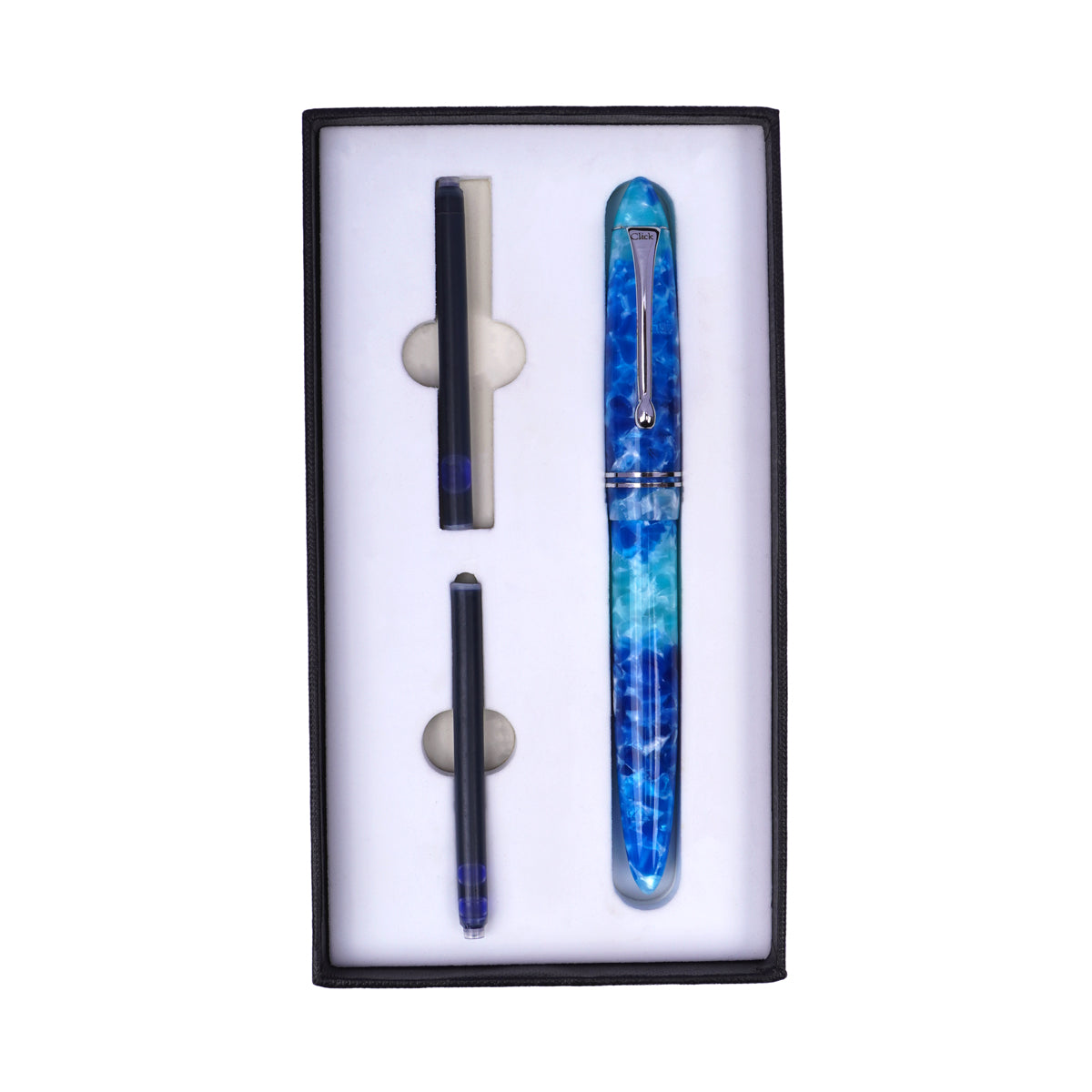 Click Blue & White Marble Fountain Pen – Medium Nib, 3-in-1 Filling System