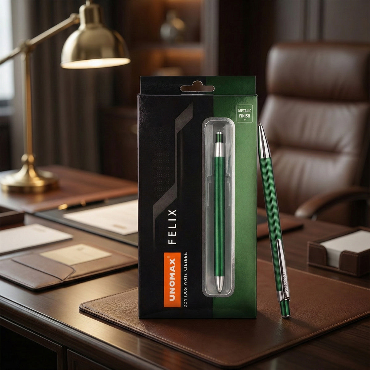 Unomax Felix Metal Body Ball Pen – Green, Blue Ink, Retractable