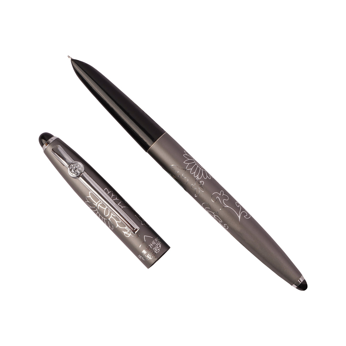 Hero 329 Grey Metal Aerometric Fine Nib Fountain Pen with Engravings