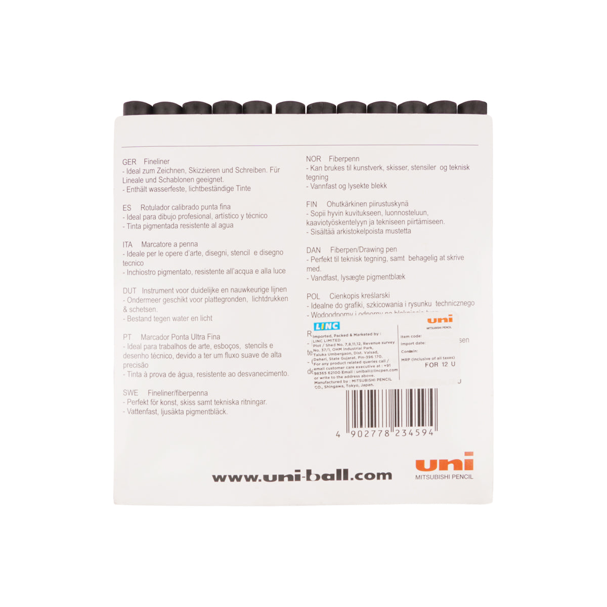 Uni-ball PIN-200 Fineliner Drawing Pen Set – Black Ink, 9 Tip Sizes