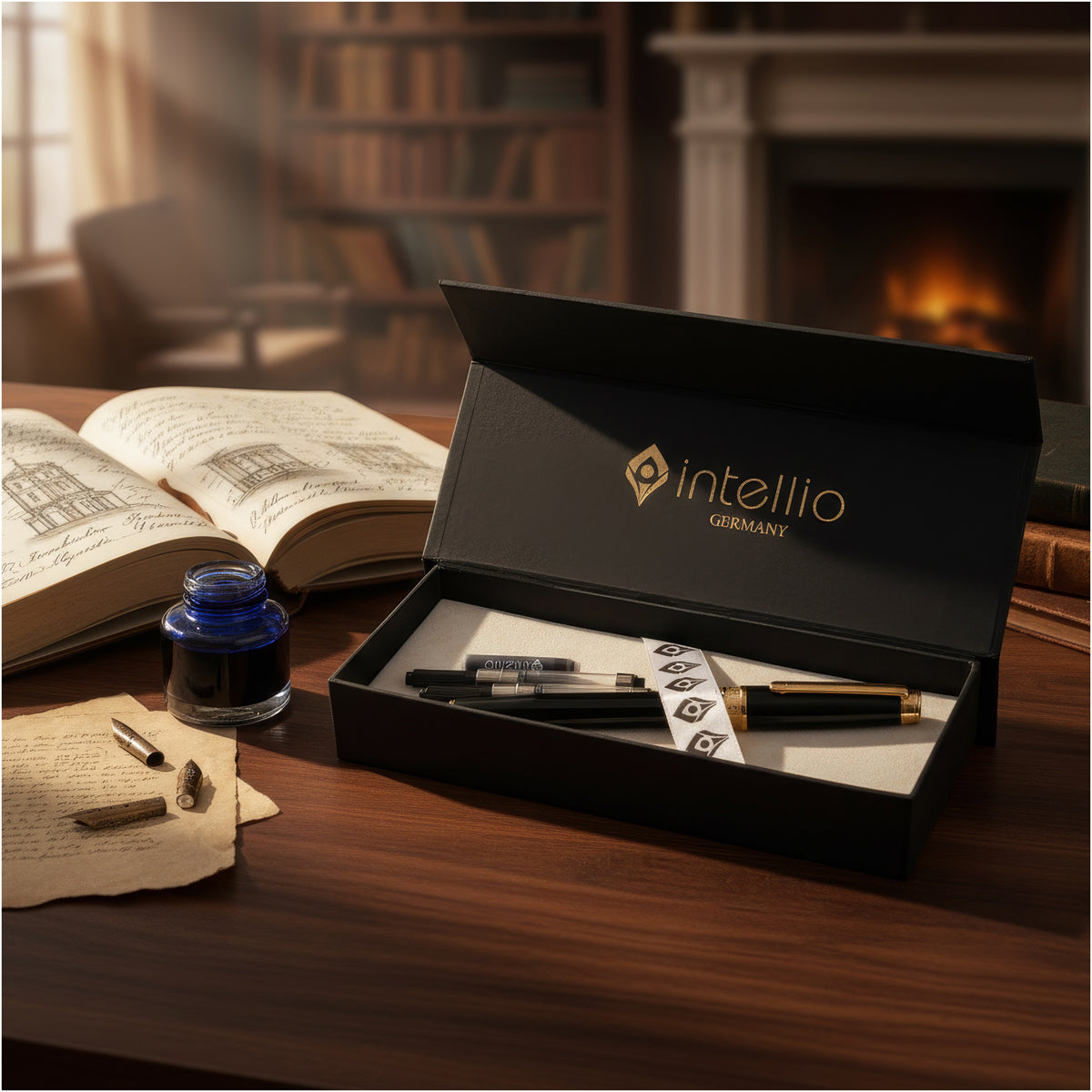 Intellio Germany Matte Black & Gold Fountain Pen – Medium Nib