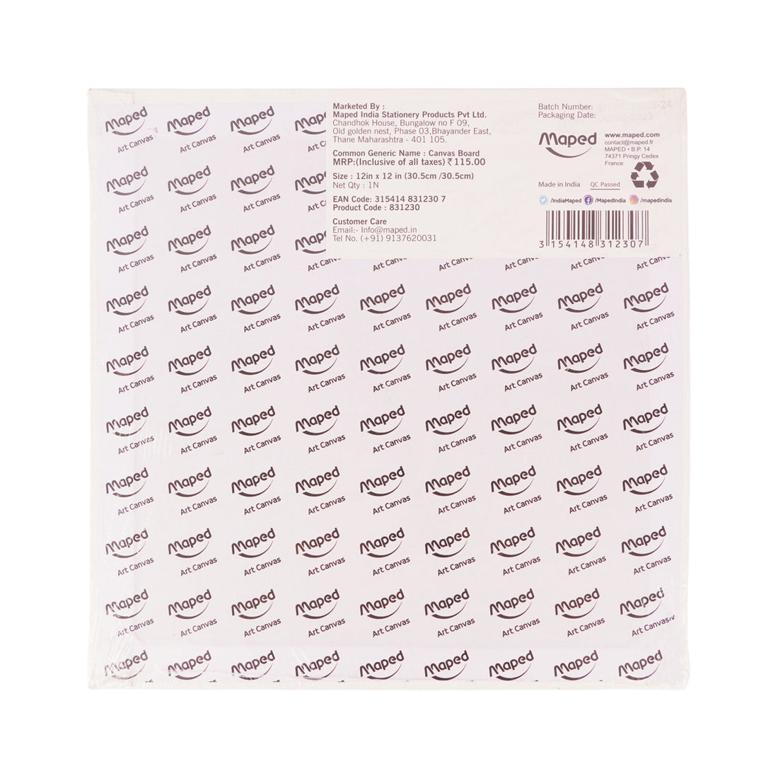 Maped Canvas Board 12 x 12 Inches – Cotton Primed Painting Surface